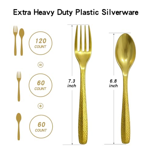 120 Count Heavy Duty Disposable Gold Plastic Silverware Set | 60 Forks & 60 Spoons, BPA-Free, Non-Slip Handle, Heat Resistant, Cutlery Set for Party Supply Wedding Daily Use — view 3