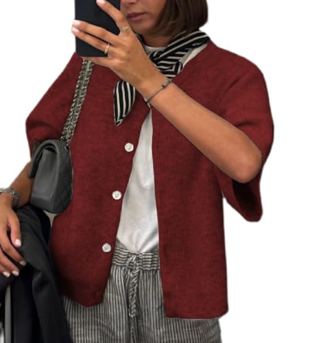 Image of Women Knitted Crop Cardigan Blouse Short Sleeve Button Down Sweater Shirt Y2k Open Front Cardigan Top Streetwear