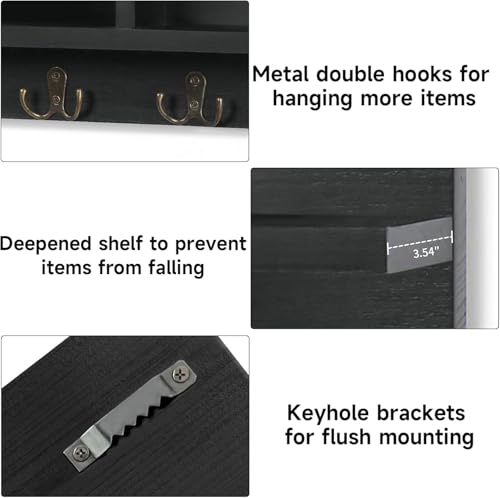 Image of Wooden Wall Mounted Key Holder with Hooks and Organizer Shelf Wall Rack for Letters Wallets and Accessories Home and Office Wall (Black, Elegant Mail Organizer)