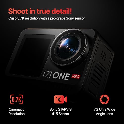 Image of IZI One Pro 5.7k Action Camera | Ultra HD Sony STARVIS Sensor | 20M Body Waterproof | 2 x Battery with 240min Recording | Dual OLED, 6-Axis Gyro Stabilisation | HQ Mic Support | Reels, Vlogs & Bikes