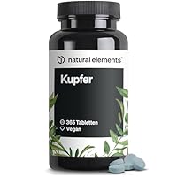 natural elements Kupfer – 365 vegane Tabletten – 2mg Kupfer pro Tagesdosis – geschmacksneutral, hochdosiert, ohne unnötige Zusätze – in Deutschland produziert & laborgeprüft