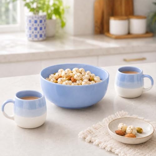 Image of The Earth Store Sky Blue Ceramic Snack Bowl & Tea Cup Combo | Bowls & Tea Cups(Ovule) | Microwave & Dishwasher Safe | Multipurpose Combo for Tea, Coffee, Snacks, Diwali Gifting