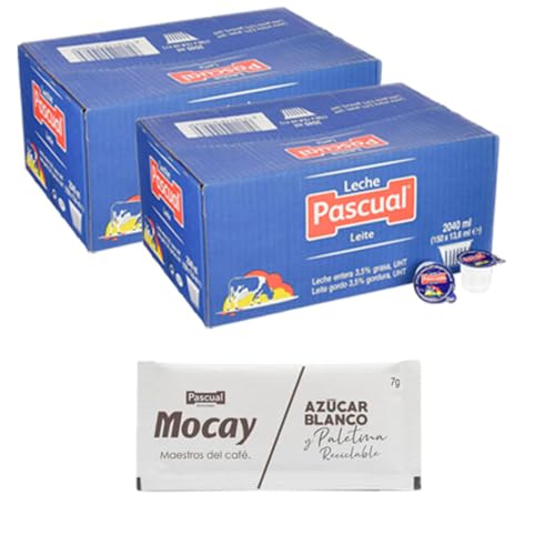 Anakel Home Pack de 300 Unidades de Tarrinas de Leche Unidosis Pascual 13,6ml + 300 Unidades de Sobres de Azúcar Individuales Mocay 7gr | Pack para Oficina