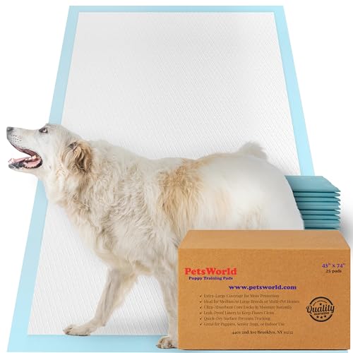 PETSWORLD Premium Extra Large Dog Pee Pads (43 x 74) Jumbo Puppy Training & Incontinence Pads for Large Dogs & Multi-Pet Homes Leak-Proof Odor Control 5-Layer Absorbency 25 Count