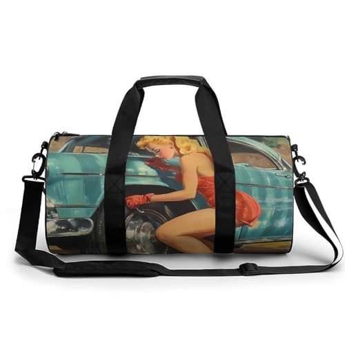 1950s Vintage Pin-up Fixing Flat Tire Unisex Gym Bag Travel Duffel Bags Overnight Sport Tote with Compartment for Weekender Vacation