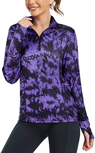 Misyula Quarter Zip Pullover Women Long Sleeve Workout Tops Thumbholes Running Hiking Shirts 2 Pockets Tie Dye Purple XL