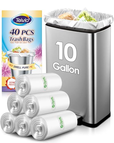 10 Gallon 40 Counts Strong Trash Bags Garbage Bags by Teivio, Bathroom Trash Can Bin Liners, Plastic Bags for home office kitchen, Clear