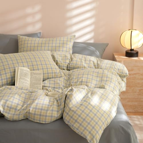 EAVD Blue Yellow Gingham Comforter Set King Soft Modern Grid Plaid Comforter Set 3 Pieces Reversible Grid Checkered Pattern Bedding with 2 Pillowcases Farmhouse Gingham Bedding Set for All-Season by EAVD - Used condition - US$67.79