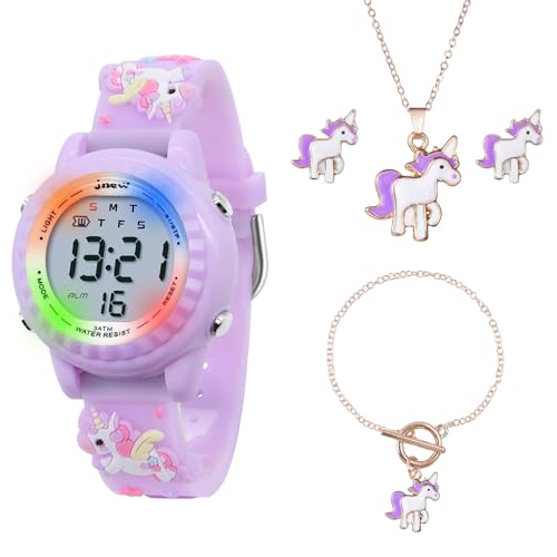 HMJIA Orologio e Collane per Bambina Unicorno Orologio Digitale Bambina con Cinturino in Silicone Orologio Bambini con luce Rotante 3ATM Impermeabile per Ragazze da 4 a 12 Anni (Lavanda)