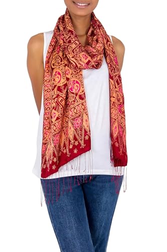 NOVICA Artisan Handmade Silk Batik Shawl Artisan Crafted Geometric Patterned Accessories Shawls Red Aurora Strawberry Ice Cashmere Rose Pink Quartz Yarrow Indonesia ' Jakarta Lady'