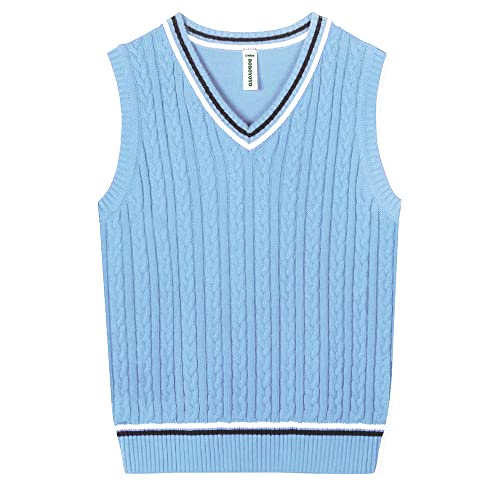 BOBOYOYO Boys Sweater Vest Unisex Cable Knit 100% Cotton Toddler Uniform Vest for Little Big Childrens Kids Teenage Girls Light Blue