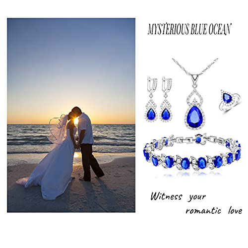 Lmxxvj Women Jewelry Set Platinum Plated Necklace Open Ring Earrings Bracelet Set,Birthday/Anniversary Mother’s Day Jewelry Gifts For Mom/Wife/Sister/Best Friend (Blue, Adjustable) #TOP1