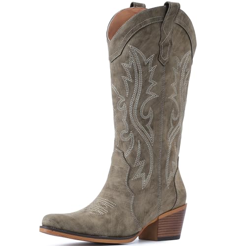 Image of IUV Cowboy Boots For Women Western Cowgirl Boots with Chunky Heel Mid Calf Snip Toe Ideal for low insteps