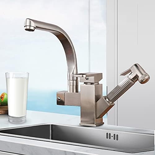Kitchen Sink Faucet for Bar Farmhouse Commercial, Gold Faucet, Stainless Steel Pull Out Kitchen Faucets, Rotatable Mixer, Deck Mounted Water Sink Taps (Color : Brushed)