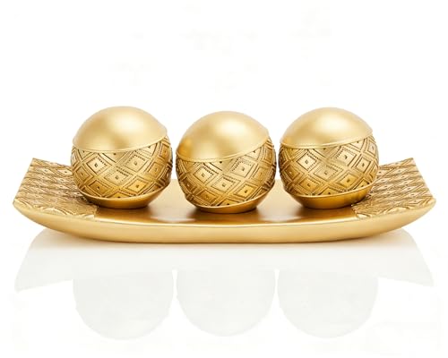 BOIHEGU Gold Decorative Orbs with Tray Set, 3Pcs Resin Decorative Balls with Tray, Modern Accent Sphere for Coffee Table, Dining Table, Living Room, Entryway