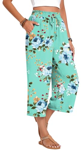 Image of Anyhold Women's Capri Pants Drawstring Casual Palazzo Trousers with Pockets Loose High Waisted Wide Leg Lounge Pants