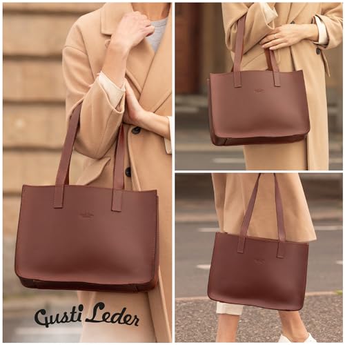 Gusti Shopper skórzana torba na zakupy Agatha S – kompaktowa skórzana torba na uczelnię i do biura – elegancka mała skórzana torba na zakupy damska ze stabilnym paskiem do noszenia, brązowy