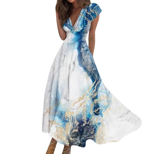 Robe De Soirée Princesse Bleu L - Fluide Mousseline Manches Longues Imprimé Robe Boheme Chic Grande Taille