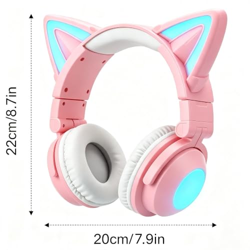 Image of Cat Ear Bluetooth Headphones, Over Ear Wired Headphones with LED Lights, Foldable Wireless Headset with Built-in Mic, Compatible with Phone /PC /Tablet /TV (Pink) | Toddler Girl Headphones, Bluetooth Over Ear Headphones with Microphone,Foldable,Phone /PC /Tablet /TV Compatible,Pink