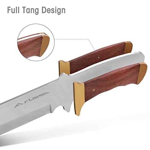 Flissa 14-inch Bowie Knife, Full-tang Fixed Blade Knife with Wood Handle, Hunting Knife with Leather Sheath for Outdoor Survival, Camping, Hiking