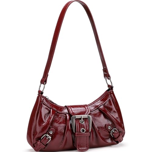WantGor Women's Shoulder Bag Clutch Tote Bags Top Handle Purse Zipper Vintage Handbag Buckle Punk Hobo Purses Trendy Underarm Bag (Burgundy)