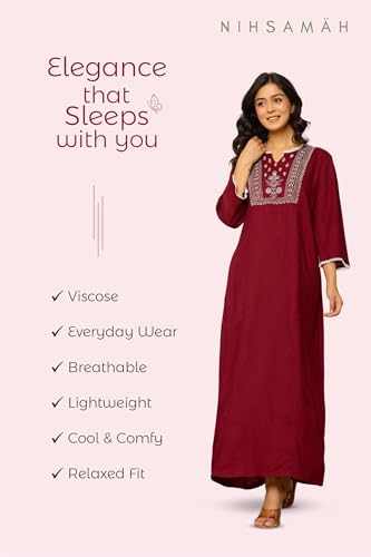 Image of NIHSAMAH Viscose Nighty for Women, Embroidered & Printed Stylish Night Gown, Long Sleeve Comfortable Sleepwear Long Nightwear, Maxi
