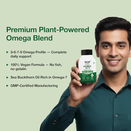 Image of WOW Life Science Advanced Veg Omega 3-6-7-9 | Plant-Based EPA & DHA from Algal Oil + GLA from Evening Primrose | Sea Buckthorn Oil + Astaxanthin + Vitamin D3 (Veg) & Vitamin E | Brain Focus, Heart Health, Eye Support, Skin Hydration | 60 Capsules