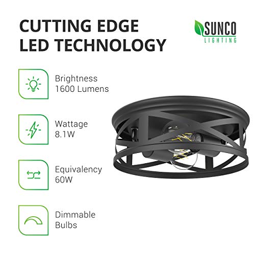 Sunco Lighting 2 Pack Industrial Ceiling Fixture, Anti-Corrosive Matte Black, Outdoor Flush Mount Ceiling Light, Metal Pendant, Dimmable Filament LED Bulbs Included, Ideal for Entryway, Foyer, Bedroom
