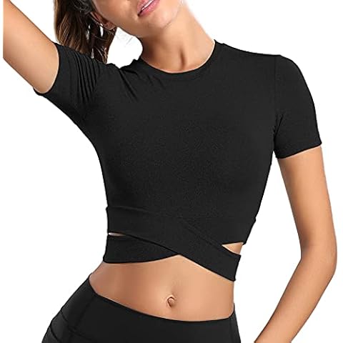 MUYOGRT Womens Gym Tops Crop Tops Sports Shirt Long Sleeve Breathable T-Shirts Crew Neck Cross Wrap Sexy Top Shirt Sports Yoga Training Gym T-Shirts Cover