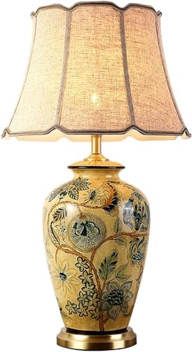 Lámpara de mesa de cerámica con pantalla de tela pintada a mano, base E26, iluminación decorativa para dormitorio