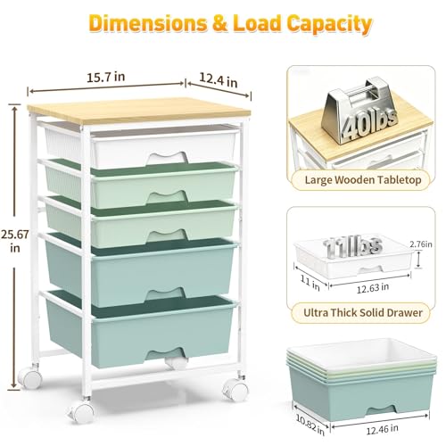 Image of SUNALLY Rolling Carts with 5 Drawers, Storage Drawer Carts for Craft, Green