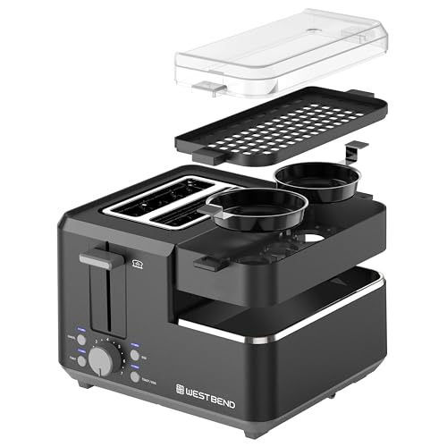West Bend Breakfast Station 2-Slice Toaster and Egg Cooker/Poacher with Removable Pre-Cooked Meat and Vegetable Warming Tray for Perfect Breakfast Sandwiches, 1200-Watts, Black