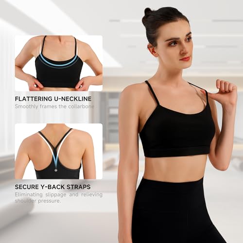 MXYMXY Women’s Buttery Soft Yoga Bras, Y-Back Strappy Sports Bra with Removable Pads, Lightweight Low Impact Lounge Pilates Top Black — view 3