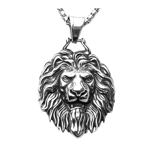 Unisex Stainless Steel Lion Head Pendant Necklace for Men Women,Titanium Steel King Lion Charm Jewelry Chain Necklace for Mens,Viking King Lion Protection Amulet Necklaces,24inch Chain