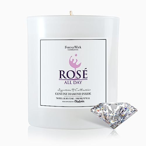 Rosè All Day Surprise Candle with Diamond Inside | Foreverwick Candles | Scented Soy Candles Gifts for Women Anniversary Candle Wax | Romance Candles All-Natural Organic Soy Candle 14oz | 70h