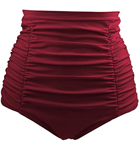 Tempt Me Women's High Waisted Swimsuit Bottom Wine Red Tummy Control Ruched Bikini Bottom Vintage Swim Shorts Tankini Briefs M