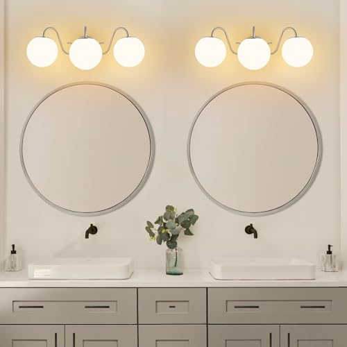 Image of Vintage Brushed Nickel Bathroom Vanity Light Fixtures Over Mirror 3 Lights