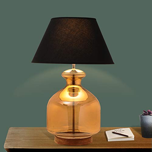 Image of Alper Amber Luster Glass Table Lamp with Black Cotton Shade | Modern Designer Bedside & Living Room Decorative Table Light (Bulb Included)