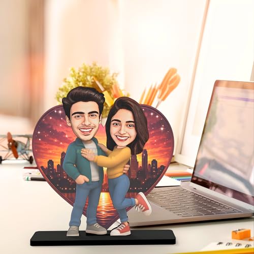 Image of Wood Rectangular Personalized Caricature Gift for Couple, 7 Inches, Tabletop Multicolor, Art Deco Style (LOVING COUPLE 2)