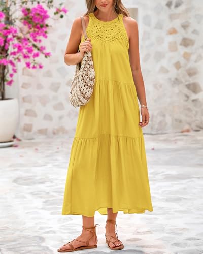 Image of BTFBM Halter Summer Dresses for Women 2026 Casual Spring Hollow Out Sleeveless Boho Sundresses Beach Vacation Maxi Dress
