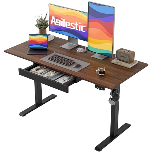 Image of Agilestic Electric Standing Desk with Drawers, 47.8 x 24 Inches Height Adjustable Desk, Stand up Computer Table with Memory Preset, for Work Office Home, Dark Walnut