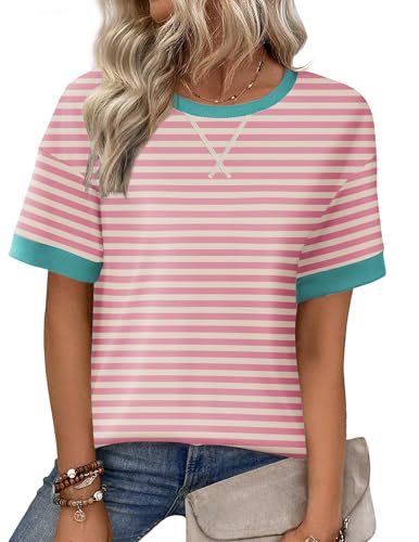Zeagoo Womens Tops Casual Oversized Short Sleeve Sweatshirt Summer Striped Shirt Crewneck Pullover Loose T Shirts Blouse