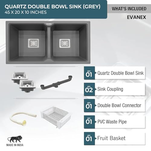Image of EVANEX Quartz Kitchen Sink|Double Bowl Sink for Kitchen|Topmount /Undermount Kitchen Sinks|Grey Double Sink with Connector, Waste Pipe, Coupling and Drain Basket|45x20x9 Granite Kitchen Sinks