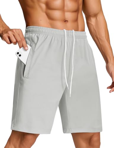 SILKWORLD Men's Workout Running Shorts Lightweight Training Yoga Gym 7' Short with Zipper Pockets,Light Grey,Large