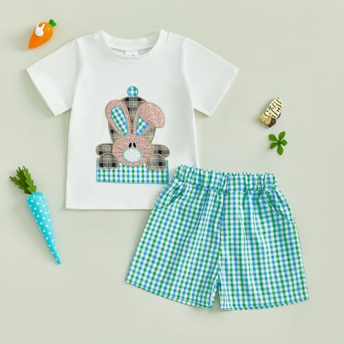 Image of Toddler Baby Boy Easter Rabbit Outfit Short Sleeve Bunny Carrot Smocked T-shirt Elastic Waist Shorts Summer Clothes
