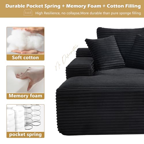 67\" Oversized Chaise Lounge Chair, Modern Corduroy Cloud Couch with 3 Pillows, Deep Seat Boneless Sofa for Living Room, Reading Nap Chair, No Assembly Required, Machine Washable Cover (Black) - Thumbnail 6