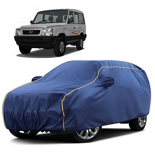 Image of Sulfar 100% Water Resistant Car Body Cover Compatible with Mirror for Tata Victa (Triple Stitched, Full Bottom Elastic, Blue Taffeta with Yellow Piping)
