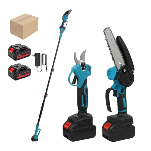 Mini motosierra de 6 pulgadas y podadora eléctrica inalámbrica, podadora telescópica eléctrica y podadora con 2 baterías, 3 en 1 juego de herramientas de jardinería, 600 W motor sin escoba (2 baterías