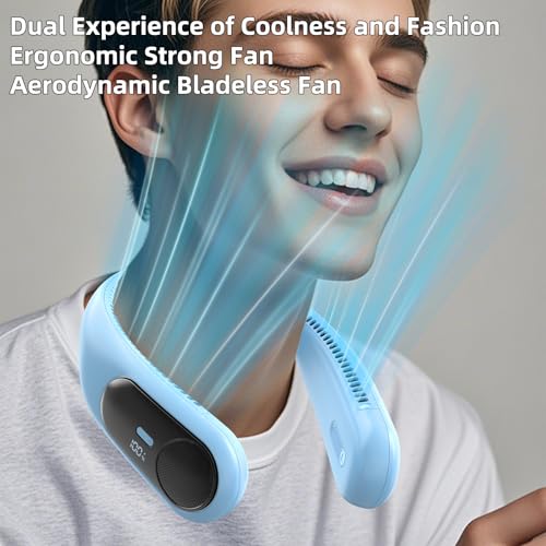 Image of Portable Neck Fan, Personal Wearable Bladeless Fan for Outdoor Indoor, LED Display, 360 Cooling, 4-Speeds, 6000mAh USB Rechargeable, Birthday Gifts for Men Women Dad Mom (Light blue)