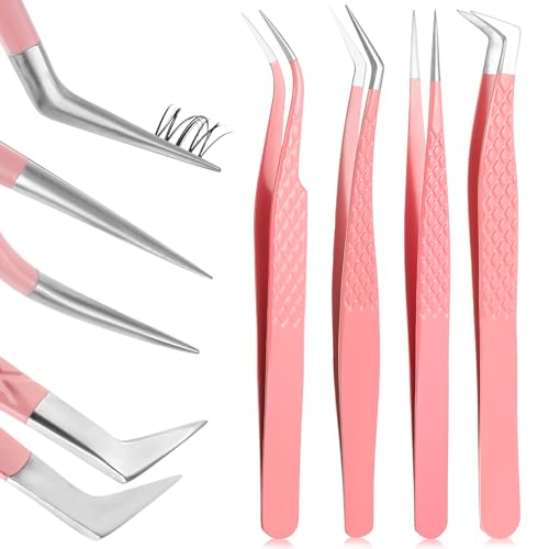 Nogeqi 4 Pack Fiber Tip Lash Tweezers for Eyelash Extensions Stainless Steel Eyelash Tweezers with Precise Tips Straight Curved 45 90 Degree and L-Shape for Volume & Classic Lashes (Pink)